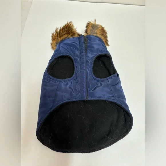Dog puffer jacket with fur collar navy blue with brown faux fur,‎ size M medium - Picture 4 of 12
